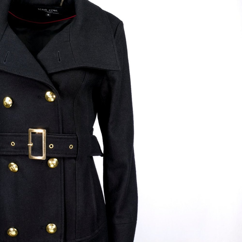 BLACK RIVET Black Wool Peplum Military Trench Coat